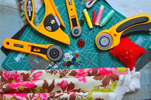 A collection of sewing tools and fabrics spread out on a green cutting mat, ideal for craft enthusiasts.