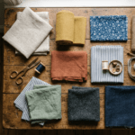 Flat lay fabrics on wooden table